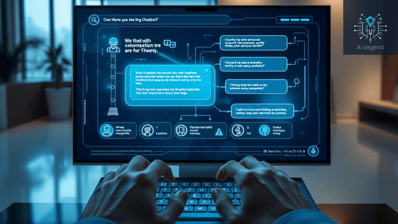 Futuristic AI Chatbot Interface on a Computer Screen A person typing on a keyboard while interacting with a futuristic AI chatbot displayed on a high-tech computer screen. The interface includes chat bubbles, icons, and a digital conversation flowchart.