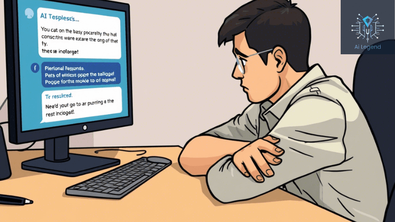 Frustrated User Interacting with an AI Chatbot A cartoon-style illustration of a man sitting at a desk, looking frustrated while reading an AI chatbot’s unclear and nonsensical responses on a computer screen.