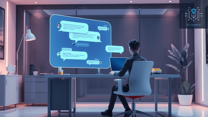Futuristic AI Chatbot Interaction in a Modern Office A professional working in a modern office, engaging with a futuristic AI chatbot displayed on a large holographic screen, showcasing digital conversation interfaces.