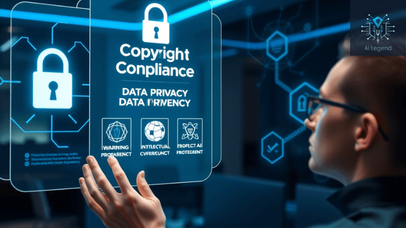 Ethical AI Practices: Ensuring Responsible and Secure AI Usage A professional reviewing AI-generated content on a holographic screen displaying ethical considerations like copyright, data privacy, and AI transparency in a futuristic office.